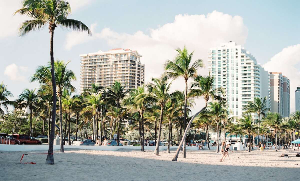 Playa de Miami Beach con palmeras y edificios frente al mar