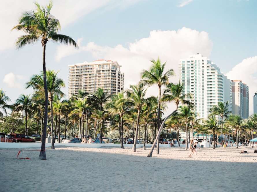 Playa de Miami Beach con palmeras y edificios frente al mar