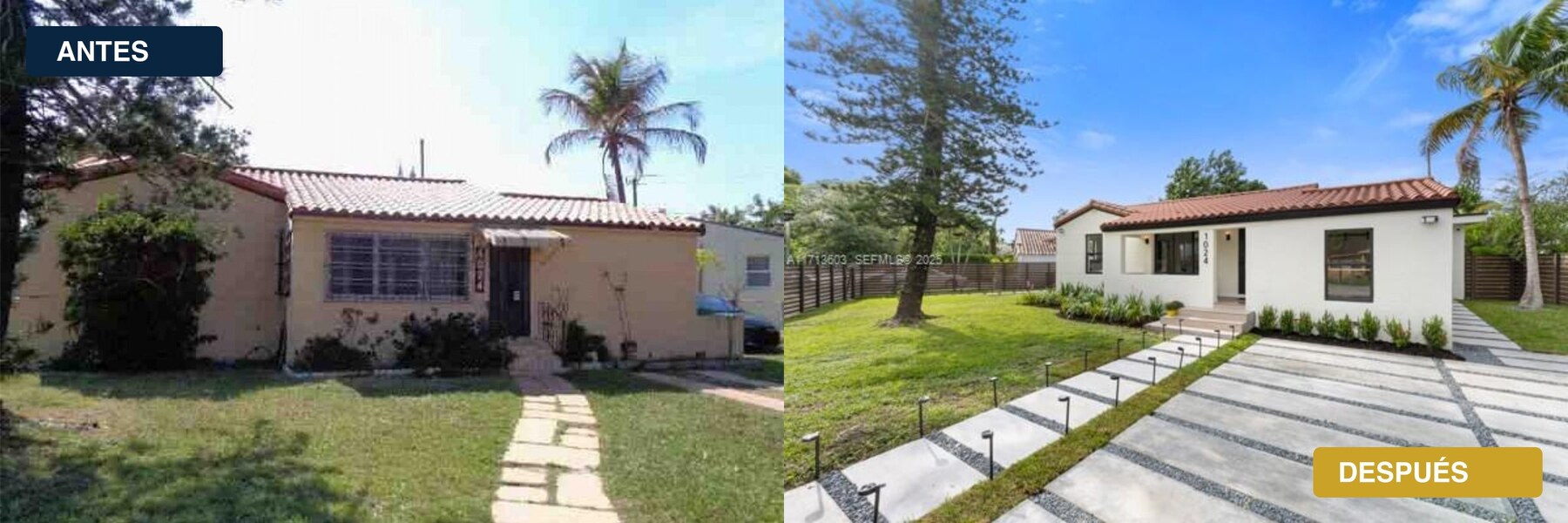 Antes y después de un full rehab en Miami-Dade: la casa original y la vivienda terminada en el mismo lote