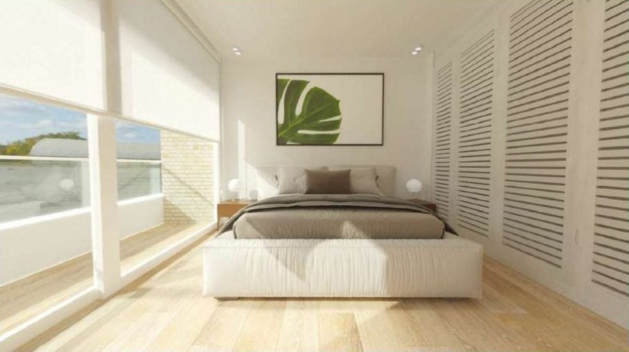 Render de una habitación de Margarita Real 2, con cama doble y ventanal al balcón