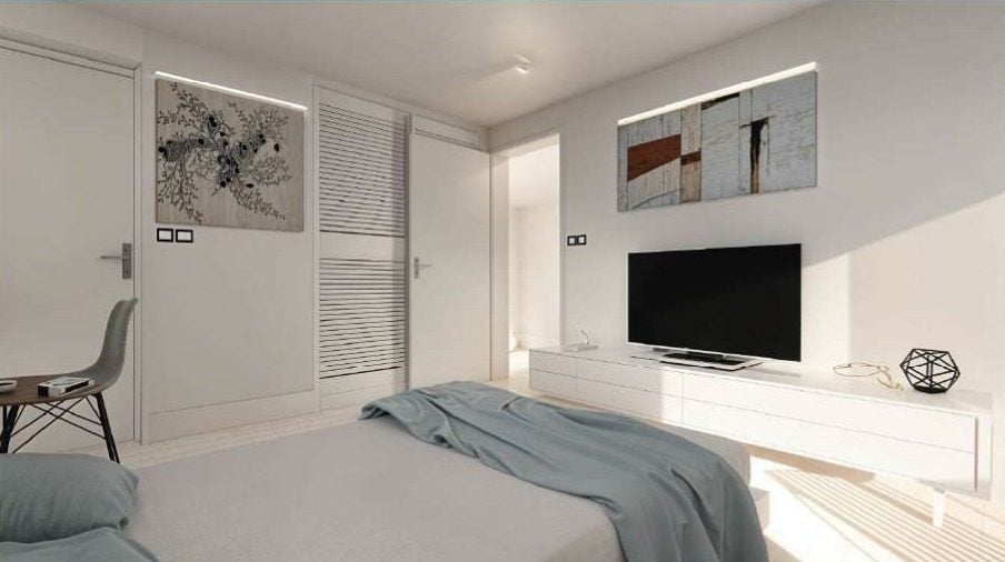 Render de una habitación de Margarita Real 2, con televisor y mueble bajo