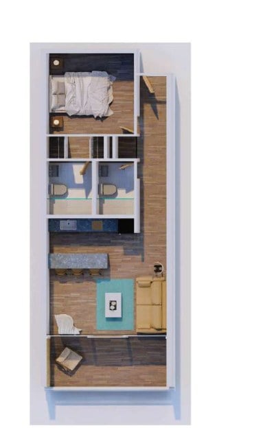 Plano del apartamento tipo B de Margarita Real 2, de una habitación y 60,5 m²