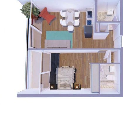 Plano del apartamento tipo C de Margarita Real 2, de una habitación y 53,8 m²