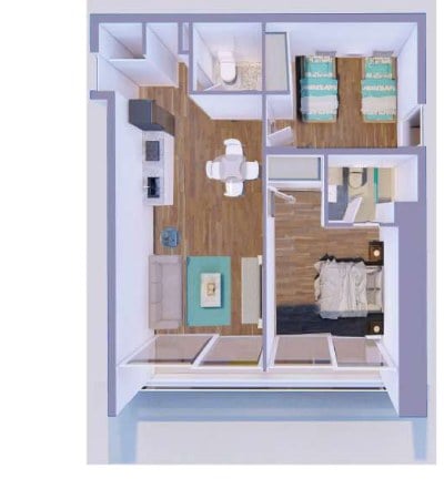 Plano del apartamento tipo E de Margarita Real 2, de dos habitaciones y 71,5 m²