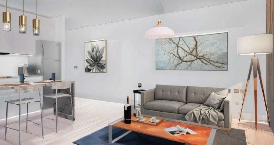 Render de la sala de un apartamento de Margarita Real 2, con cocina abierta y barra